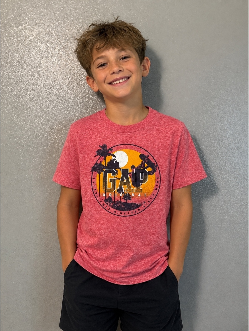 GAP Original Sunset Skate Graphic Tee Kids Red Heather Short Sleeve